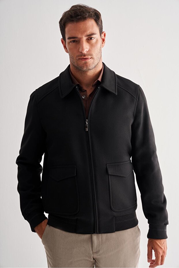 Black Shirt Collar Casual Slim Fit Flexible Coat 1007255122