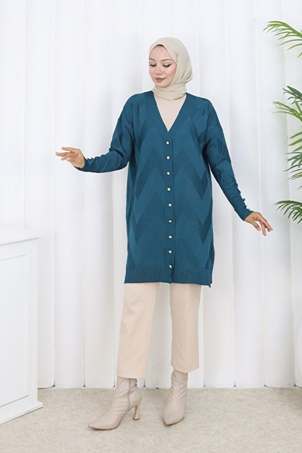 Patterned Long Mercerized Cardigan N3193 Petrol