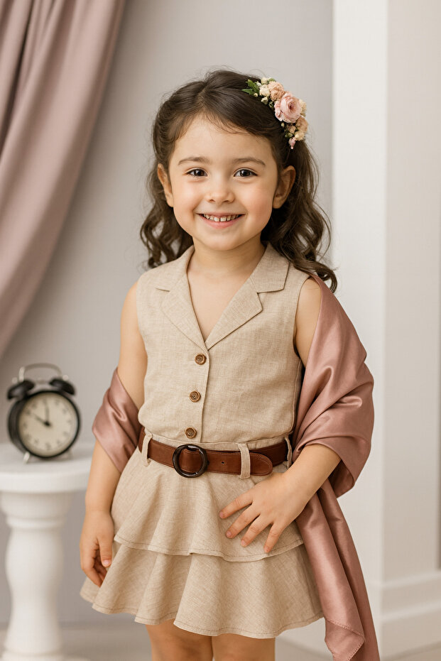Kız Çocuk Linen Yelek Ve Etek Elbise 2'li Takım - 1
