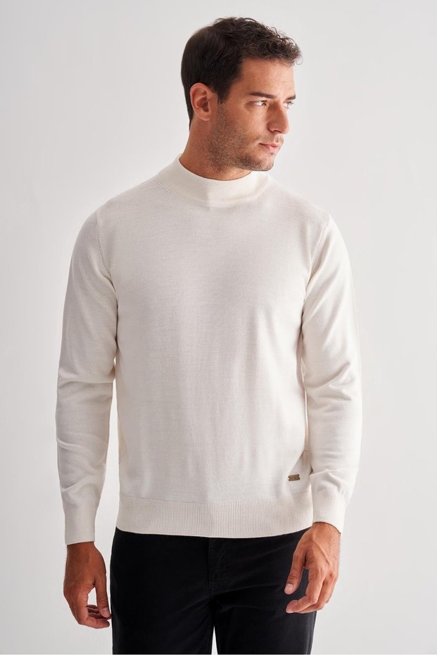 Cream Color Half Turtleneck Pocketless Comfort Fit Classic Wool Knitwear Sweater 1012255001