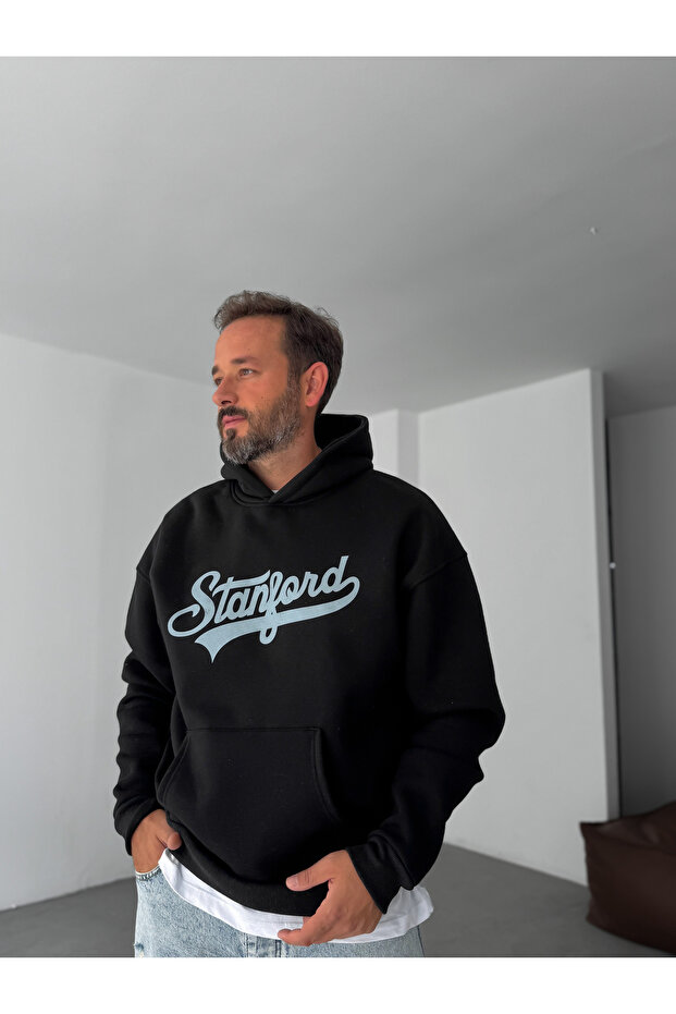 Siyah Stanford Baskılı Kapüşonlu Sweatshirt PM-08 - 3
