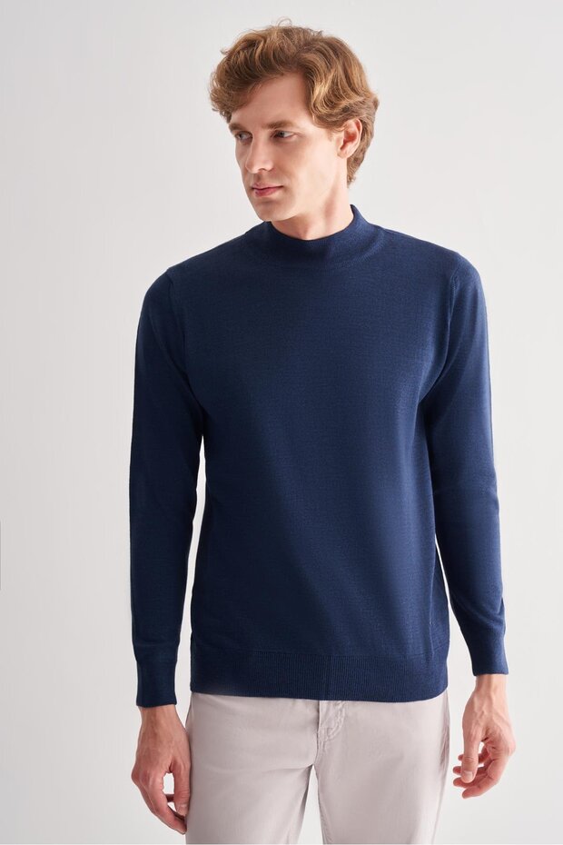 Indigo Half Turtleneck Pocketless Comfort Fit Classic Wool Knitwear Sweater 1012255001