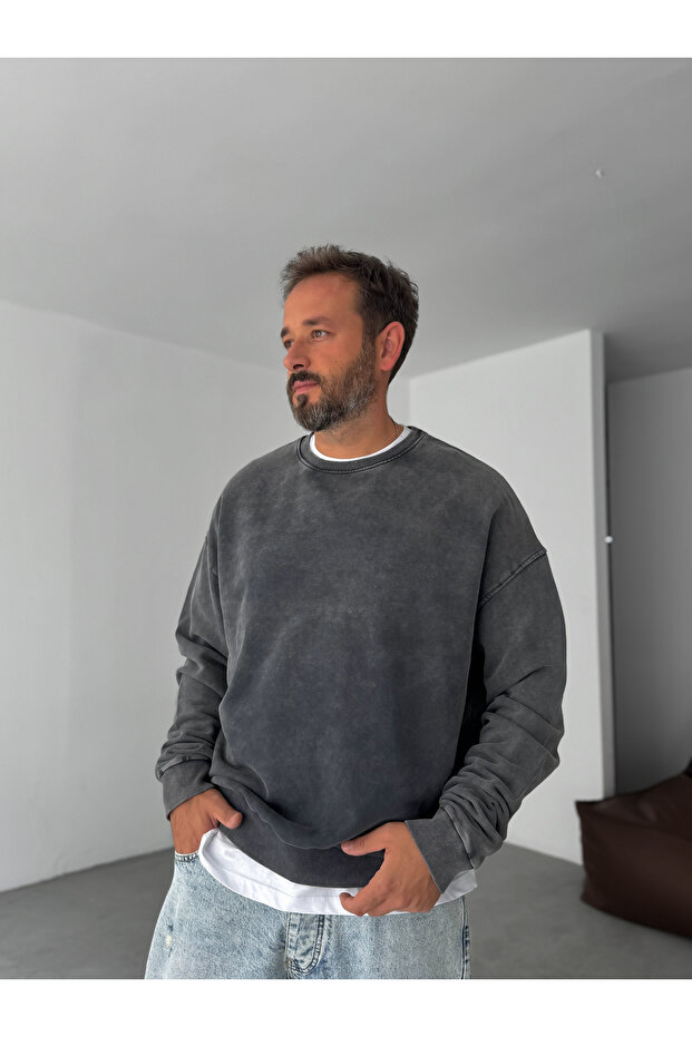 Antrasit Basic Yıkamalı Sweatshirt PM-10 - 5