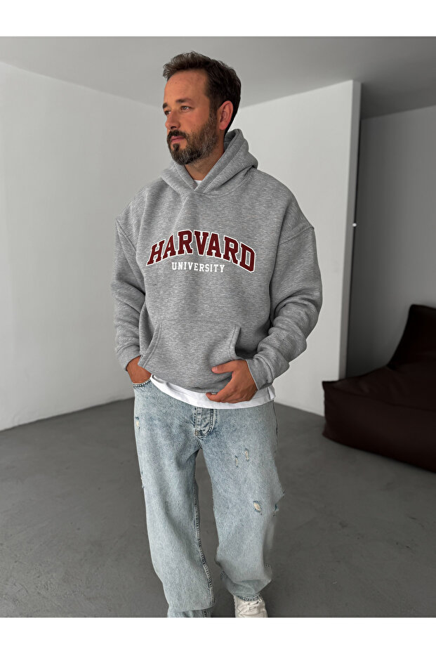 Gri Harvard Baskılı Kapüşonlu Sweatshirt PM-01 - 1