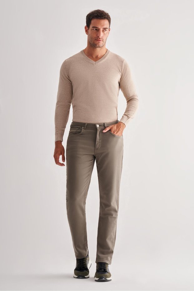 Khaki 5 Pocket Straight Leg Cotton Slim Fit 5 Pocket Casual Trousers 1003255322
