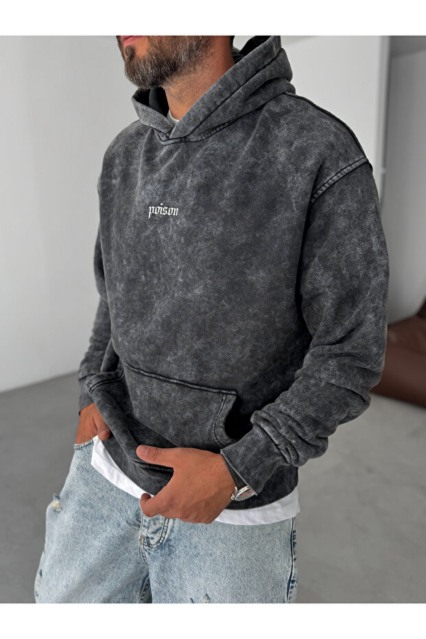 Siyah Poison Yıkamalı Kapüşonlu Sweatshirt RES-1014 - 5