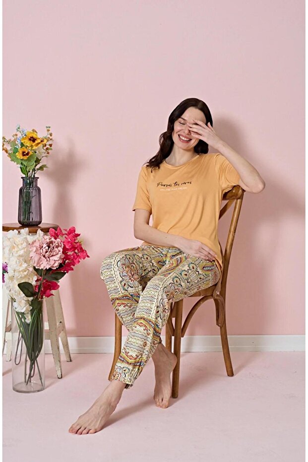 Over Sleep 1844 Orange Ethnic Patterned Elasticated Leg Pajama Set