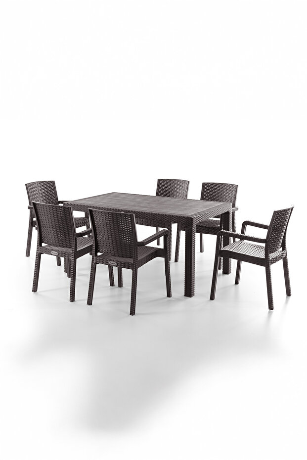 King 6 Kişilik Rattan Masa Sandalye Takımı Kahve - 1