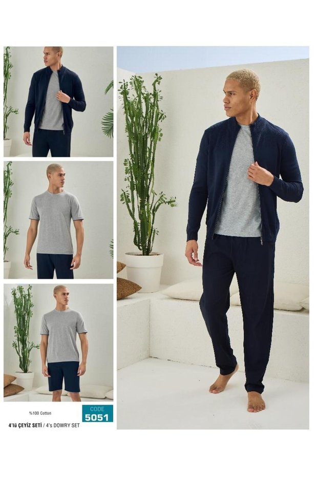 Kly 5051 Men's 100% Cotton Pajama Shorts Knitwear Cardigan Set 4-Piece Boxed Dowry Set