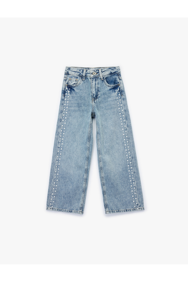 Cotton Relaxed Fit Staple Detail Wide Leg Denim Pants