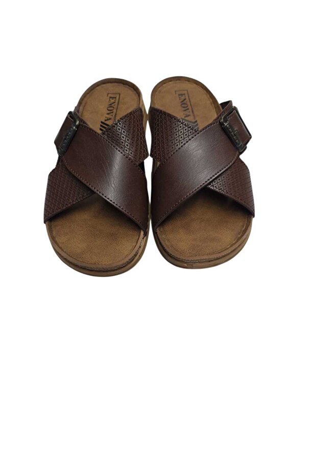 Men's Faux Print Leather Orthopedic Comfortable Sole Cross Strap Buckle Slippers