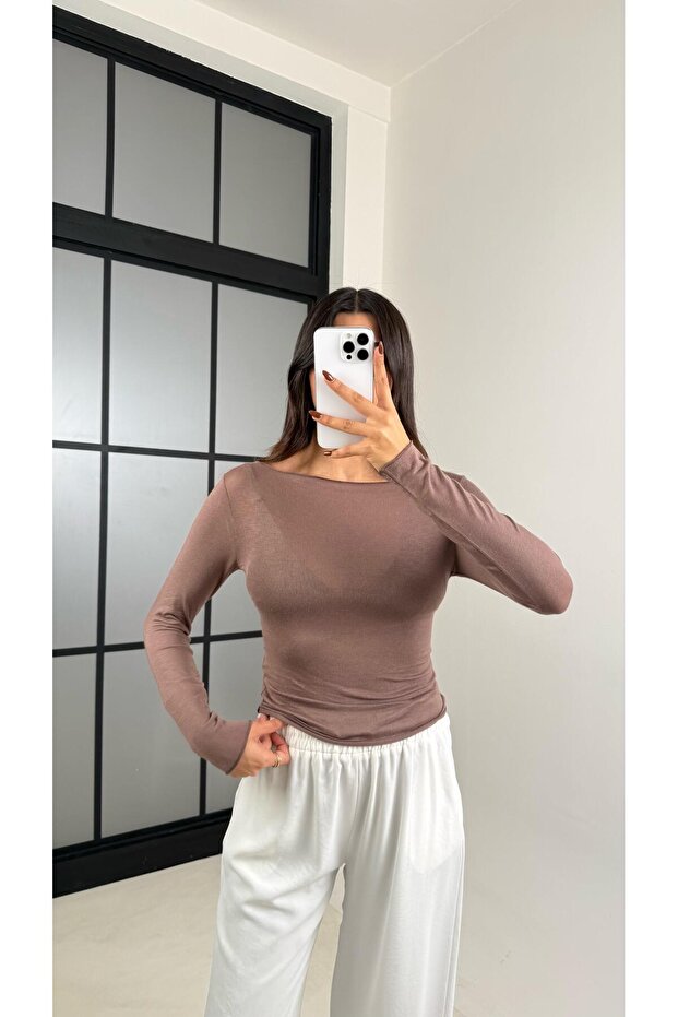 Nude Boat Neck Cashmere Transparent Blouse - 202517