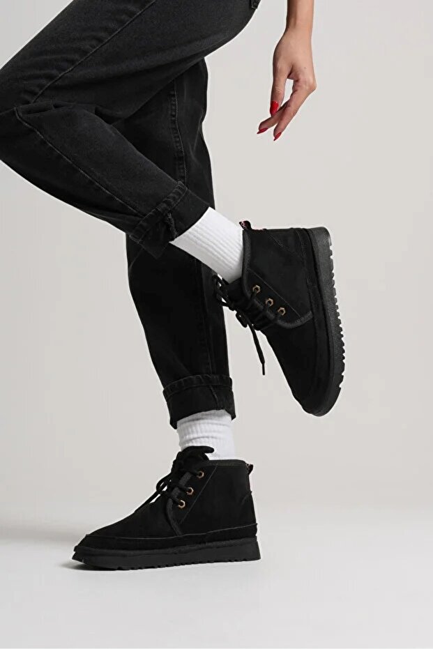 Black Suede Women's Boots – Wool Inside, Heribo, Furry, Thin Sole, Lace-Up, Warm