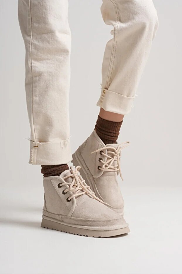 Kadın Bot Krem Rengi Süet – İçi Yünlü, İnce Tabanlı, Bağcıklı, Sıcak Tutan Heribo - 7