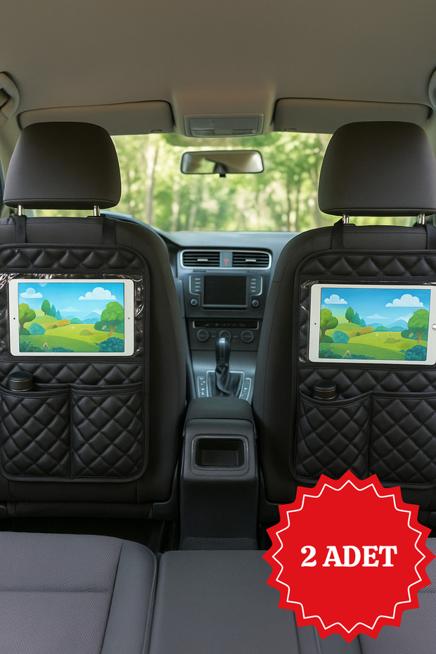 2 Pieces Black Leather Car Seat Back Tablet Holder Organizer | Compatible with All Tablet Models