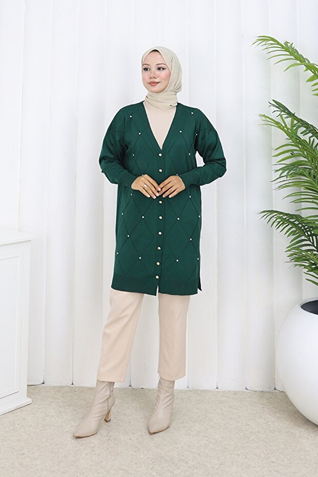 Stone Baklava Patterned Long Cardigan N3246 Emerald Green