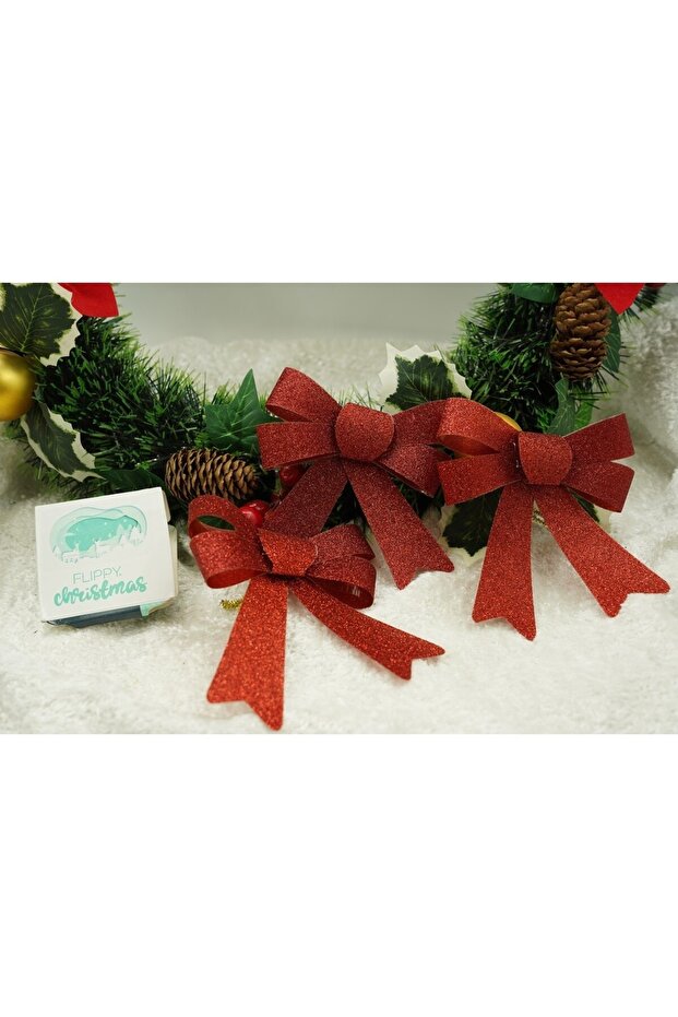 Set of 3 Christmas tree bows, Red, with glitter, 10 x 11 cm, made of polyester, - 3