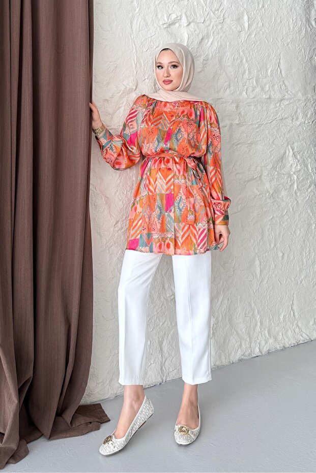 Defne İpek Gömlek Turuncu - 1