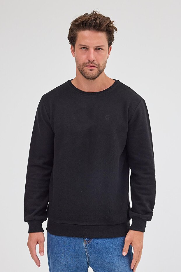 Men's Black Standard Fit Regular Cut Cotton Basic Crew Neck Sweatshirt