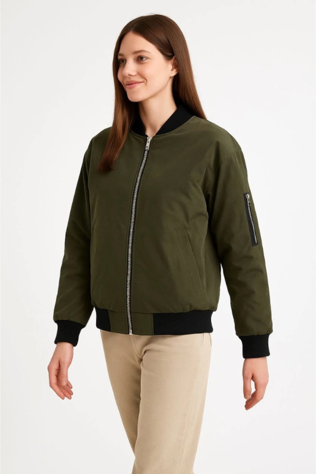 Lined Zippered Bomber Coat Jacket - Khaki - 2