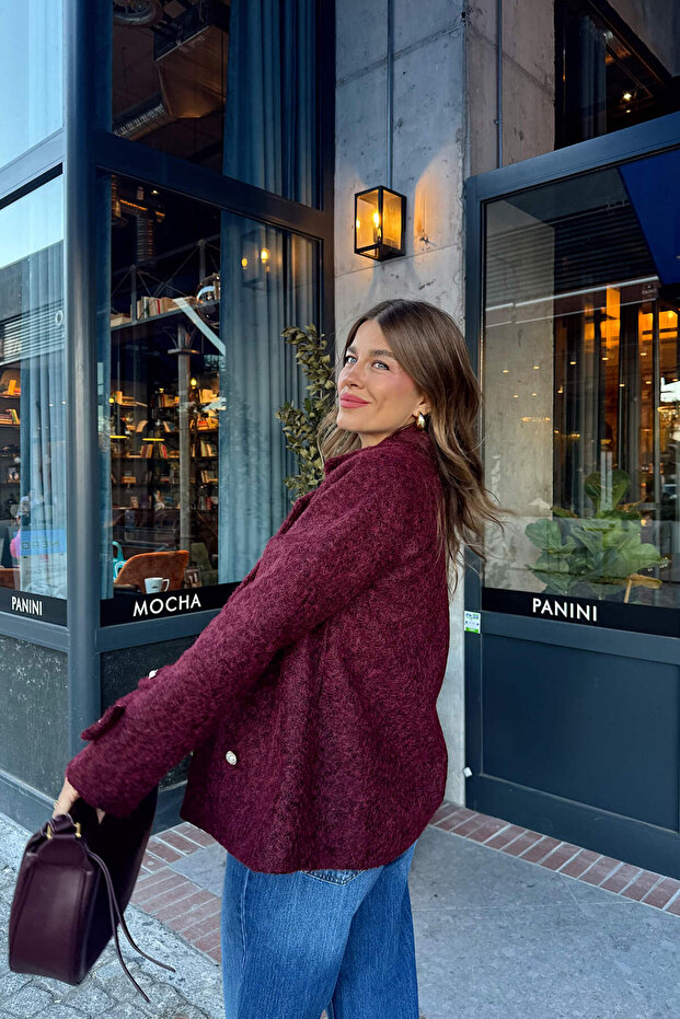 Bordo İnci Düğmeli Astarlı Yün Karışımlı Oversize Ceket - 5