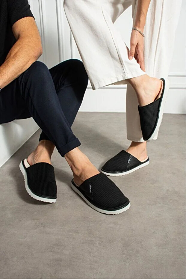 Unisex Couple Combination Velvet Leather Detailed Wool Inside Ribbed Fabric House Slippers Dowry Bundle Slippers