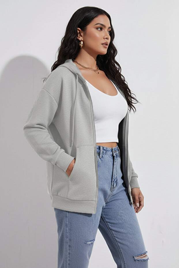 Unisex Gray Zipper Hooded Sweatshirt