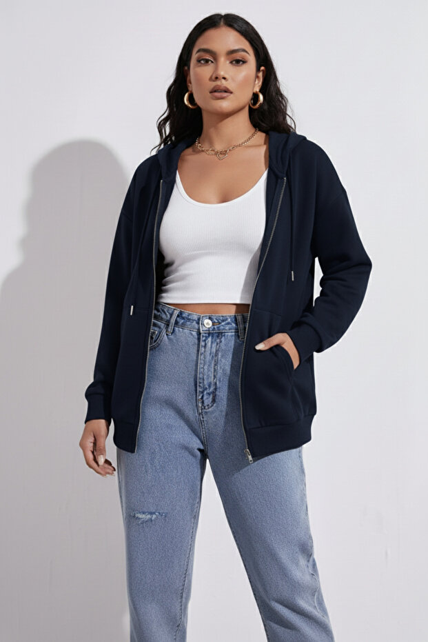 Unisex Navy Blue Zipper Hooded Sweatshirt