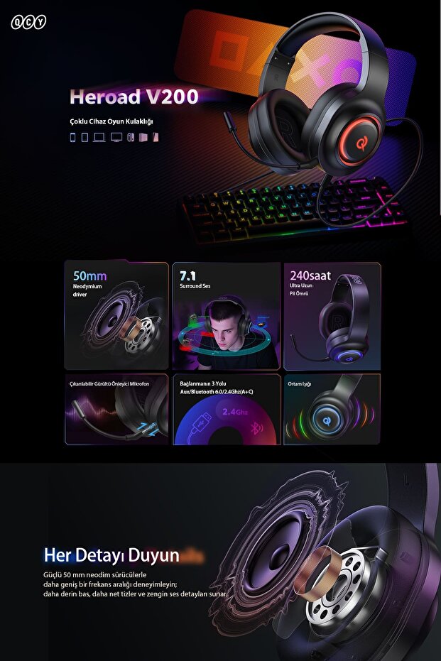 HeroaD V200 RGB 7.1 Kablosuz Gaming Oyuncu Kulaklığı 3 Modlu (BT, 2.4Ghz, Type-C) PC - PS5 - 3