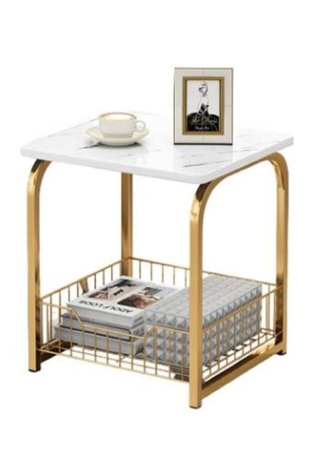 Modern End Table With Storage Basket Sofa Side Table With Marble Design For Living Room - 1