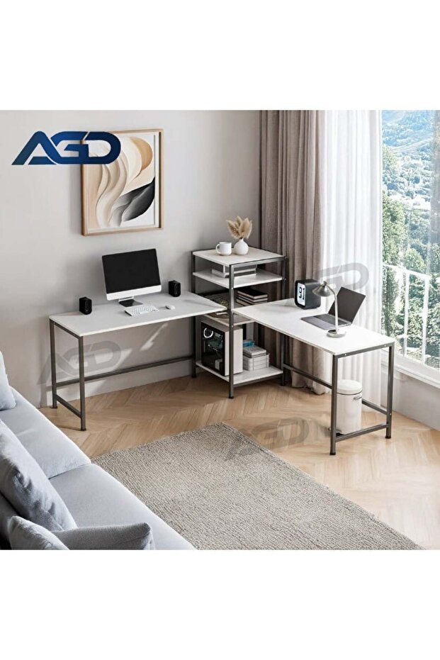 Computer and Gaming Desk, 3-Way Adjustable Design, Fits 2 People, with Book and Printer Shelf fo - 1