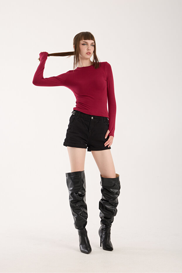 Women's Long Sleeve Fingerless Basic Bodysuit – Black, White, Burgundy, Navy Blue, Grey – S m L XL
