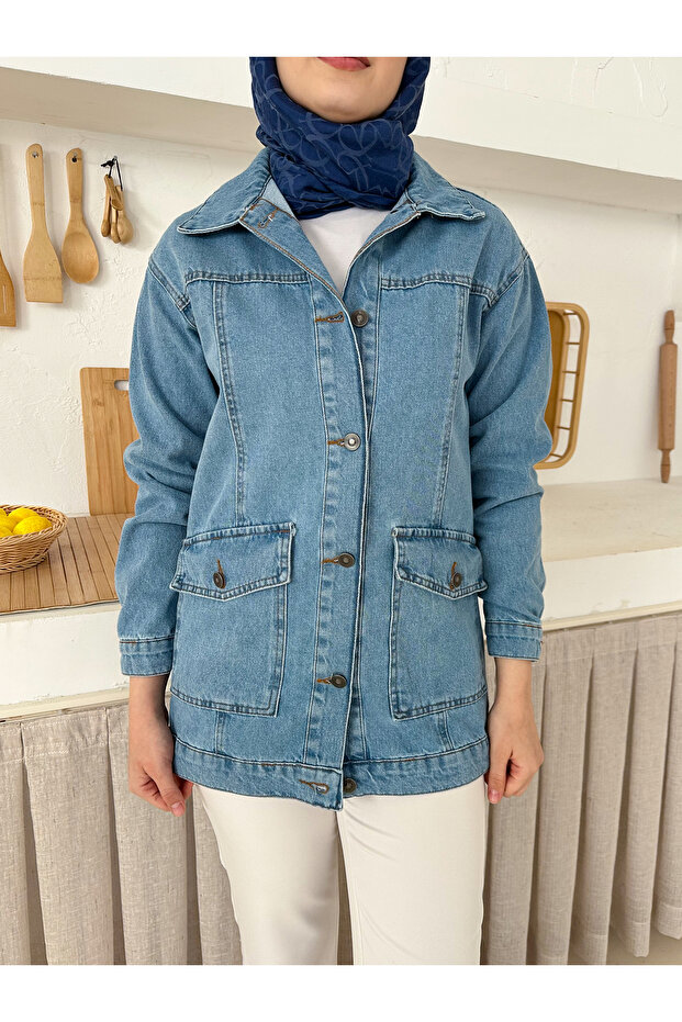 جاكيت من الدنيم مع جيوب وغطاء - 3