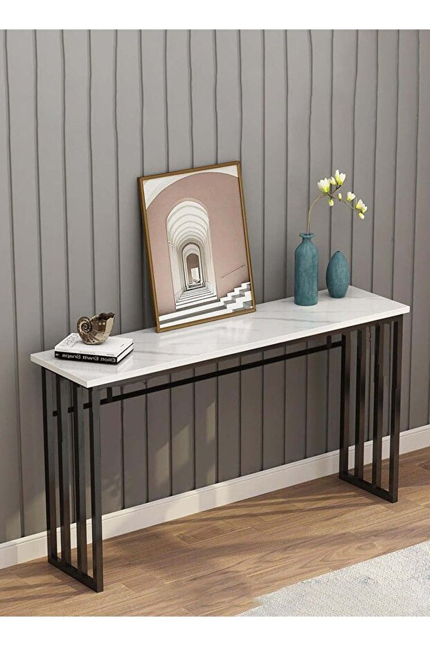 طاولة وحدة التحكم في المدخل، تصميم رخامي من خشب MDF، طاولة أريكة ضيقة لغرفة المعيشة في الردهة، 100 × 30 × 80 سم،