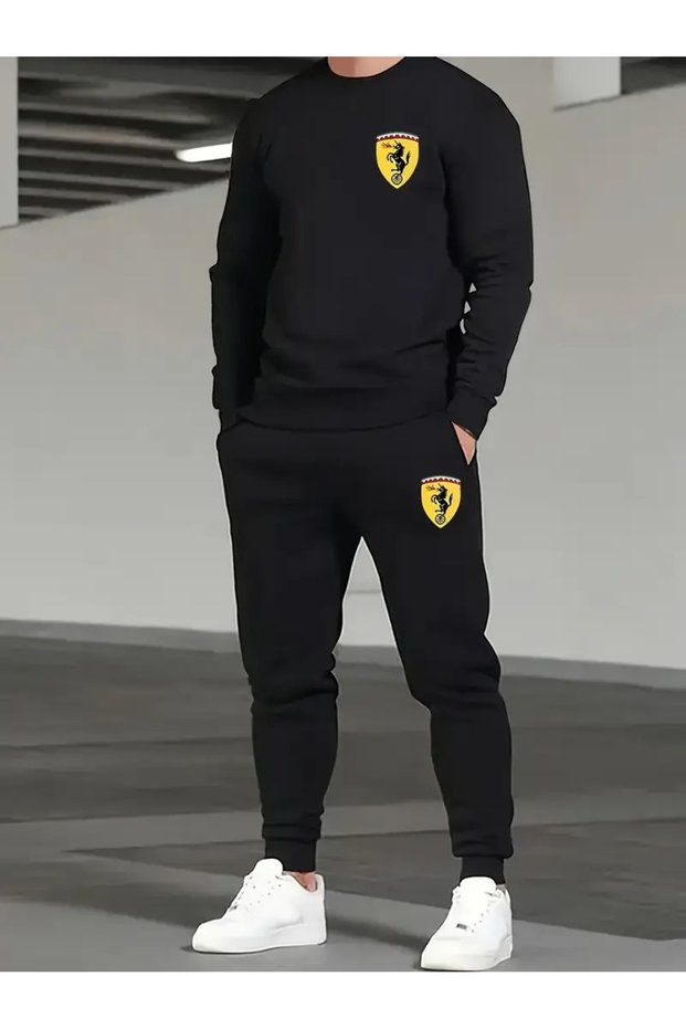 Tracksuit Set Sweatshirt Jogger - Oversize Ribbed Ferrar Logo Printed Bisikletyaka