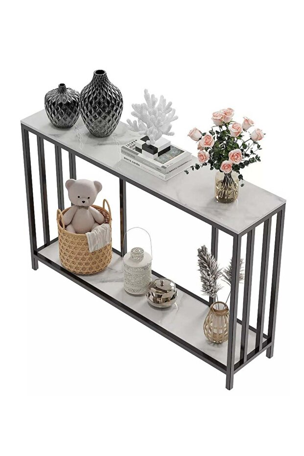 White Console Table for Entryway, High Density Wood Top with Bottom Shelf, Sturdy Metal Frame, f - 1