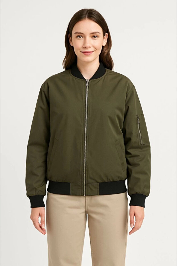 Lined Zippered Bomber Coat Jacket - Khaki - 3