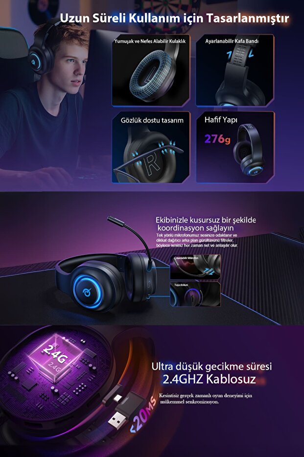 HeroaD V200 RGB 7.1 Kablosuz Gaming Oyuncu Kulaklığı 3 Modlu (BT, 2.4Ghz, Type-C) PC - PS5 - 4