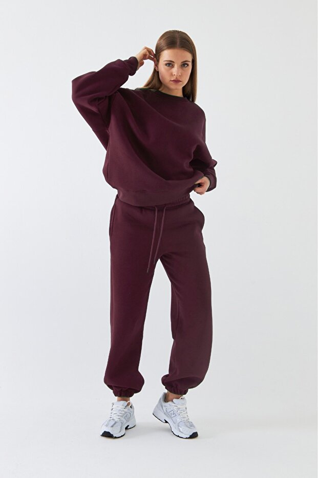 Unisex Oversize Tracksuit Set Basic Burgundy – Crew Neck, Elasticated Legs, 3-Thread Fleece
