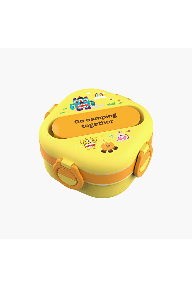 Deria Double Layer Airtight Lunch Box with Spoon and Fork - Yellow - 480ml - 1