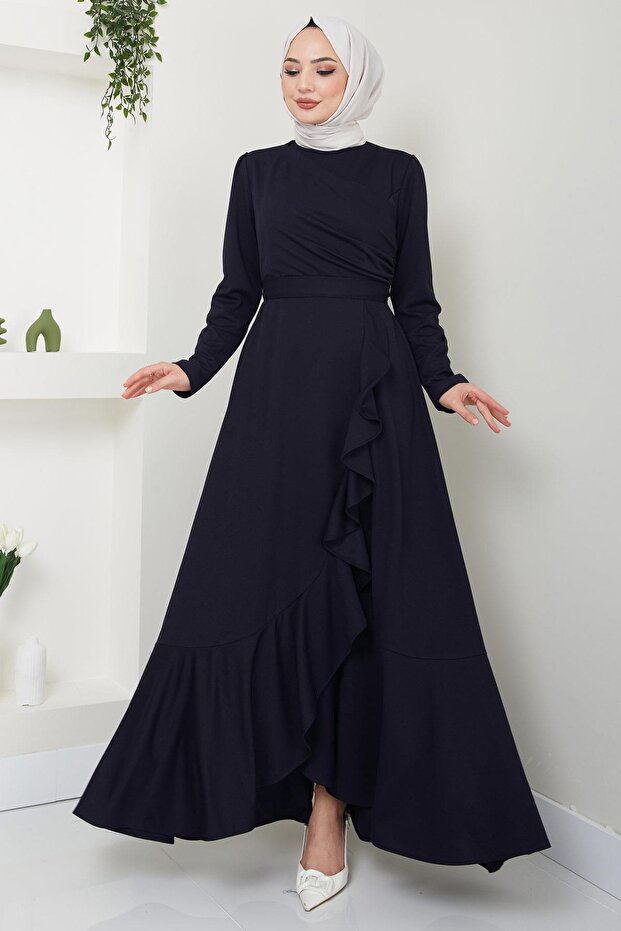 Dress with Ruffled Skirt and Draped Design Navy Blue HM2419