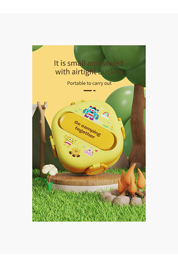 Deria Double Layer Airtight Lunch Box with Spoon and Fork - Yellow - 480ml - 4