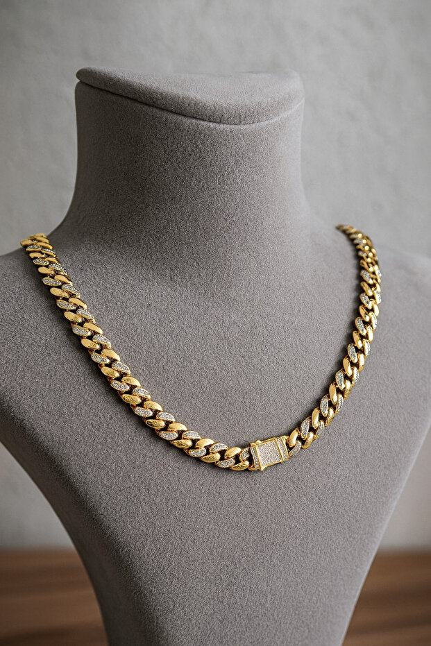 316L Çelik Üzeri 14K Altın Kaplama Zirkon Taşlı Cuban Zincir Kolye - 1