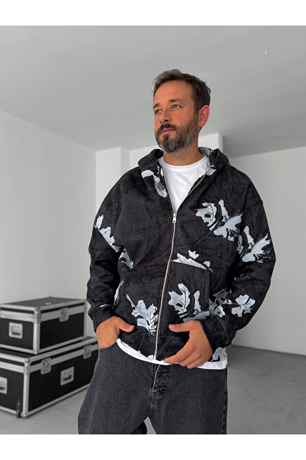 Siyah Yaprak Desenli Fermuarlı Sweatshirt HM-0016 - 2