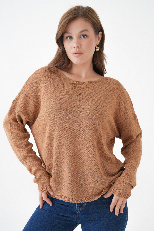Women's Wide Collar Oversize Brown Knit Sweater 6933