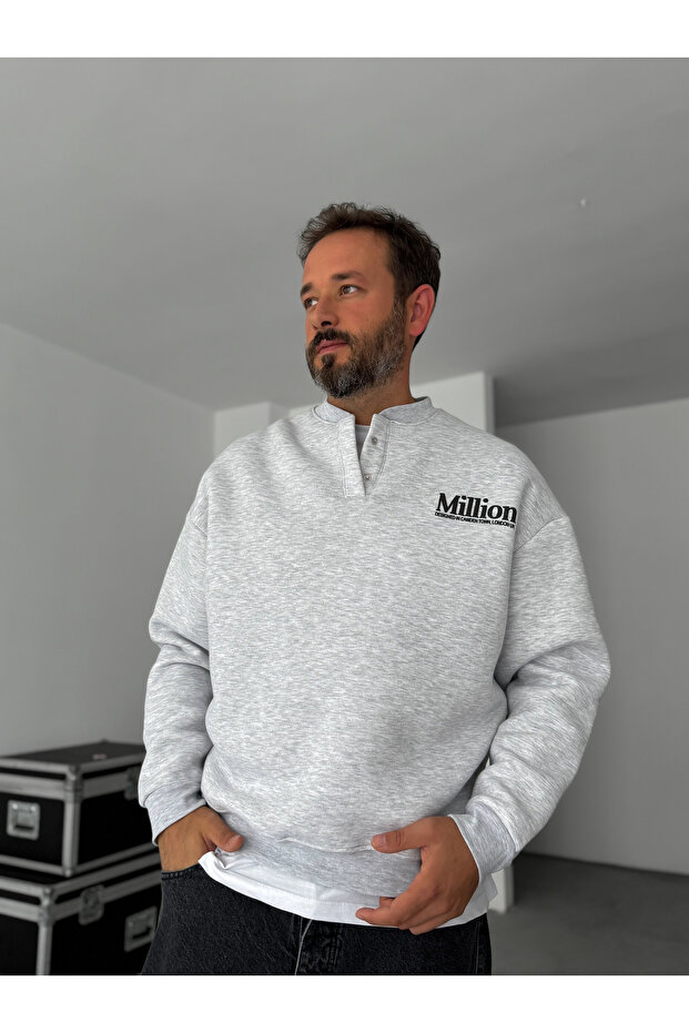 Gray Collar Buttoned Million Sweatshirt Hm-0007 - 2