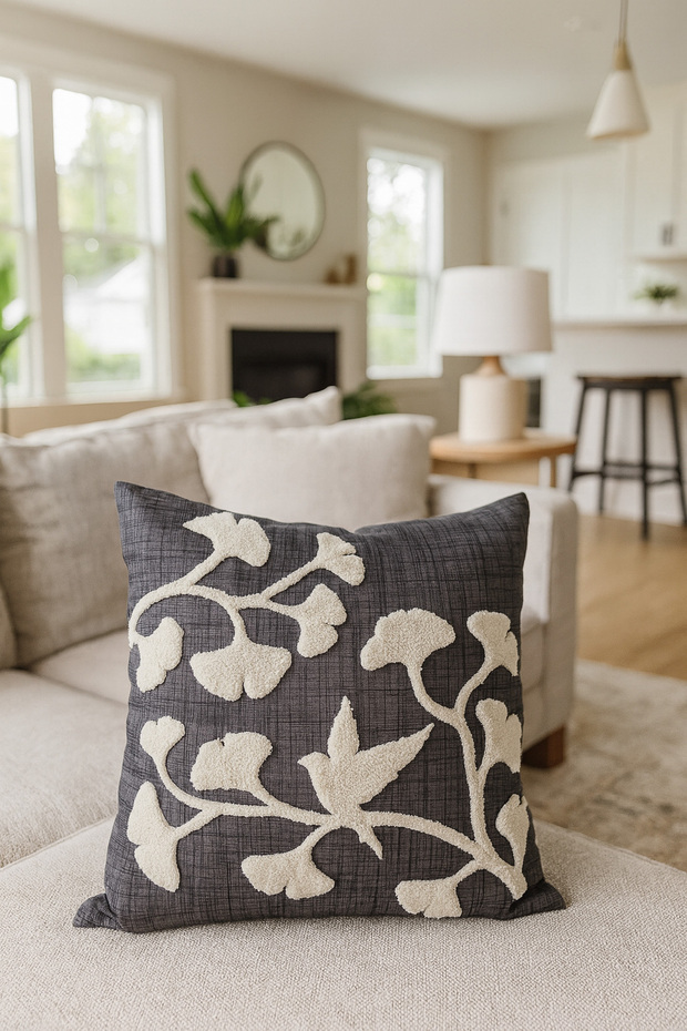 Punch Embroidered Cushion Cover - 43*43 cm - Smoked Ginkgo - Pnk001