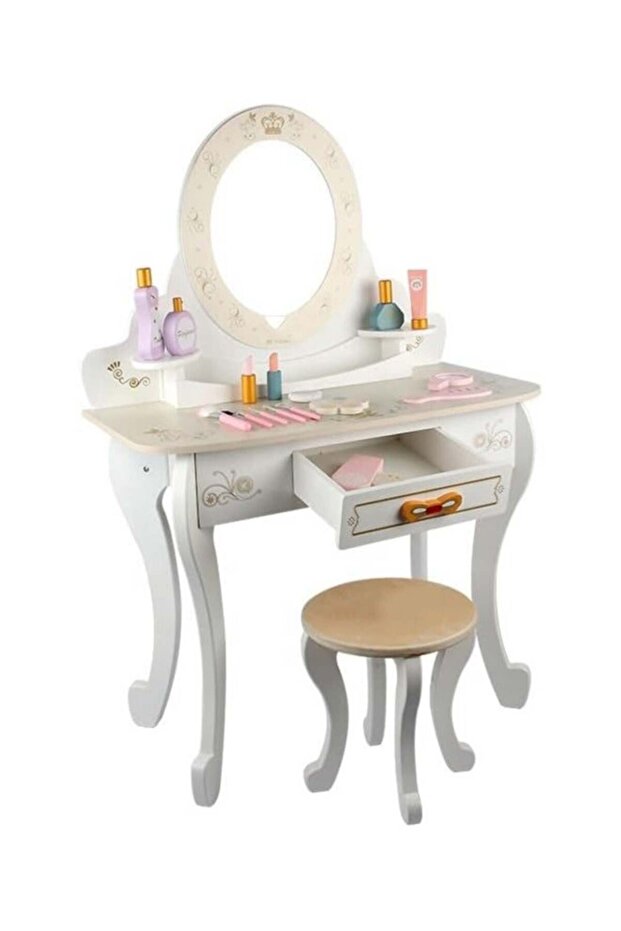 Generic Wooden Kids Vanity Set - Princess Rapunzel Dressing Table with Mirror, Chair & Storage Drawe