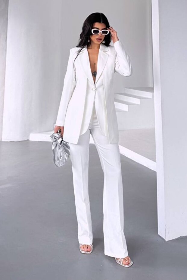 Women's Two-Piece Top and Bottom Set Stylish Double-Layer Buttoned Blazer Jacket Wide-Leg Pants Set