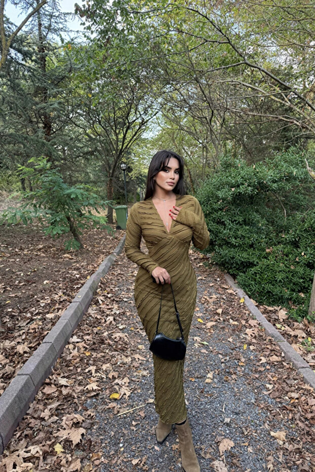 Ters Dikiş V Yaka Uzun Elbise - 2